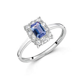 emerald cut tanzanite and diamond silver ring UK ECTAR a main